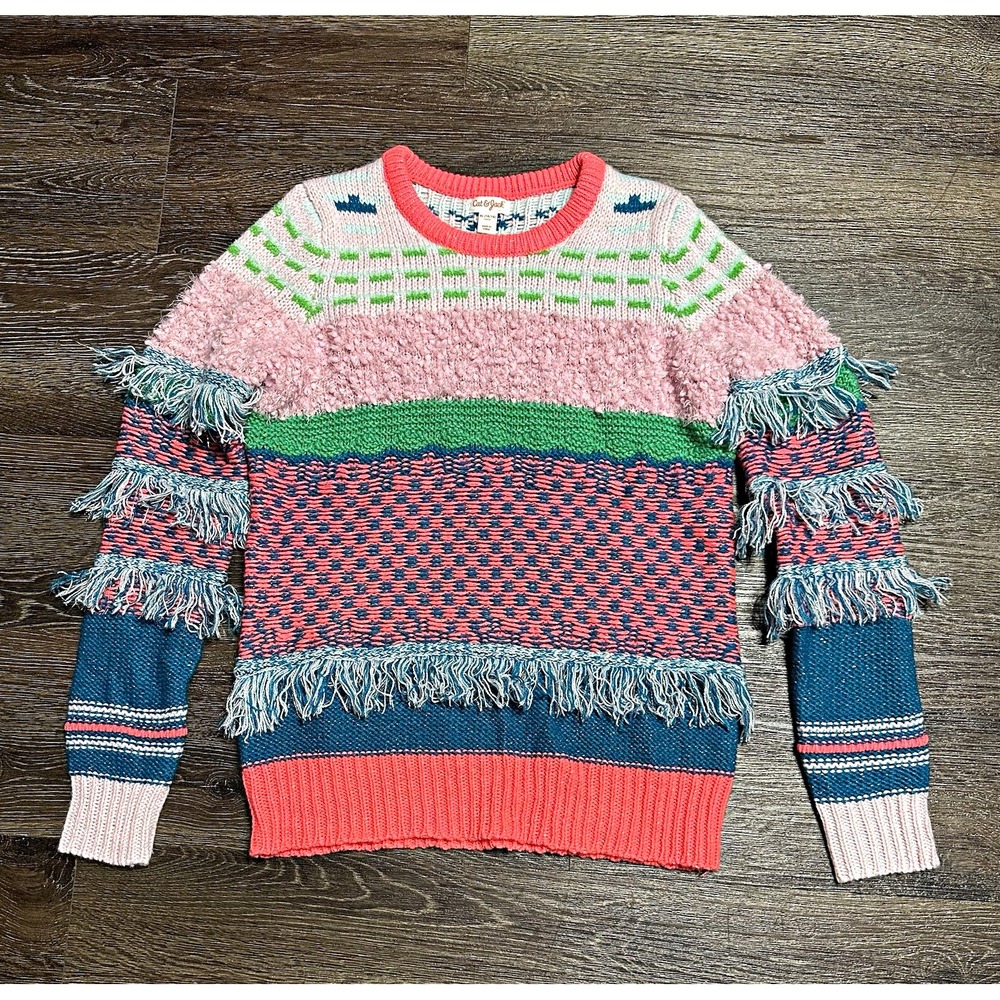 Cat & Jack Girls Multicolor Striped Fringe Knit Pullover Long Sleeve Sweater XL